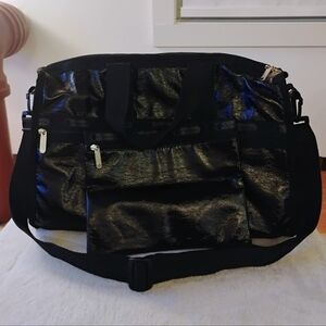 LeSportsac Small Patent Black Weekender Duffle Bag and Matching Pouch